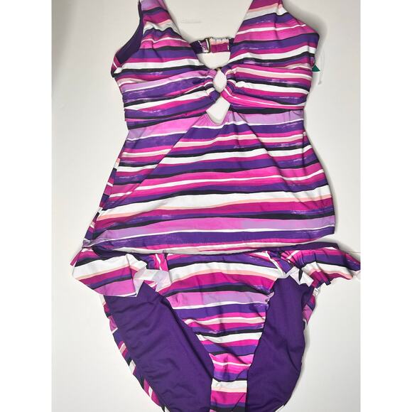 Mynah Striped Tankini Top & Bikini Bottom Set Purple Women's Size L / XL NWT - Picture 3 of 7